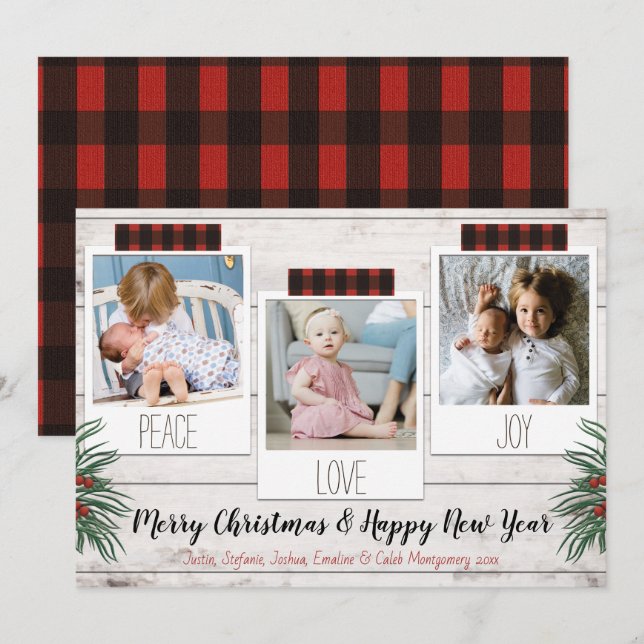 Buffalo Plaid Farmhouse 3 Photo Holiday Card (Front/Back)