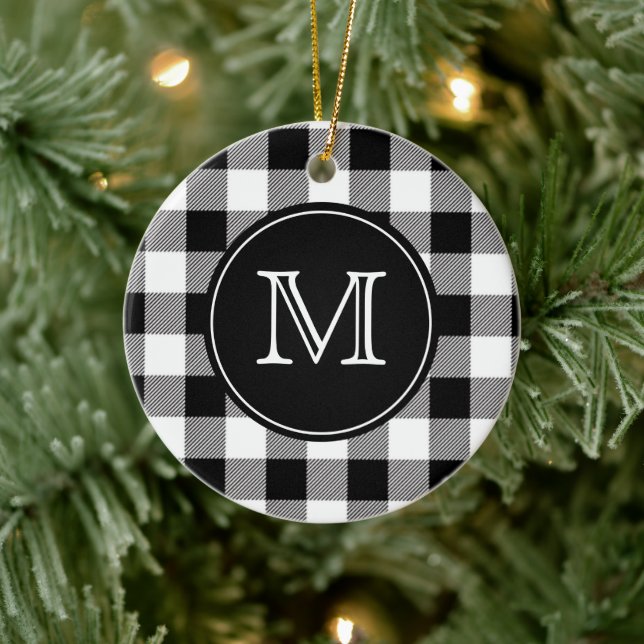Buffalo Plaid  Farmhouse Black and White Monogram Ceramic Ornament (Tree)