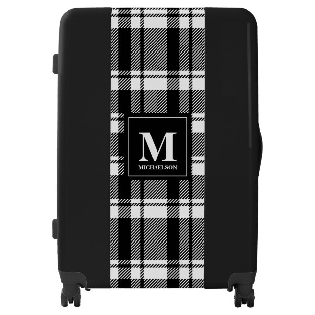 Buffalo Plaid Farmhouse Black and White Monogram Luggage (Front)