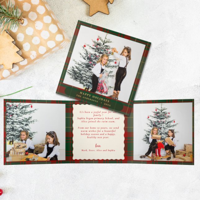 Buffalo Plaid Festive Photos Christmas   Tri-Fold Holiday Card (Creator Uploaded)