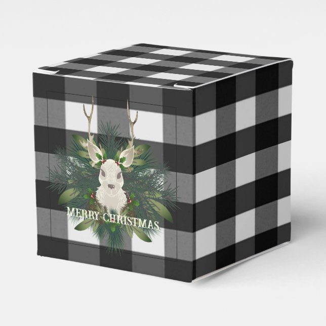 Buffalo Plaid Festive Reindeer Christmas Favor Boxes (Front Side)