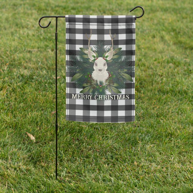 Buffalo Plaid Festive Reindeer Christmas Garden Flag (In SItu)