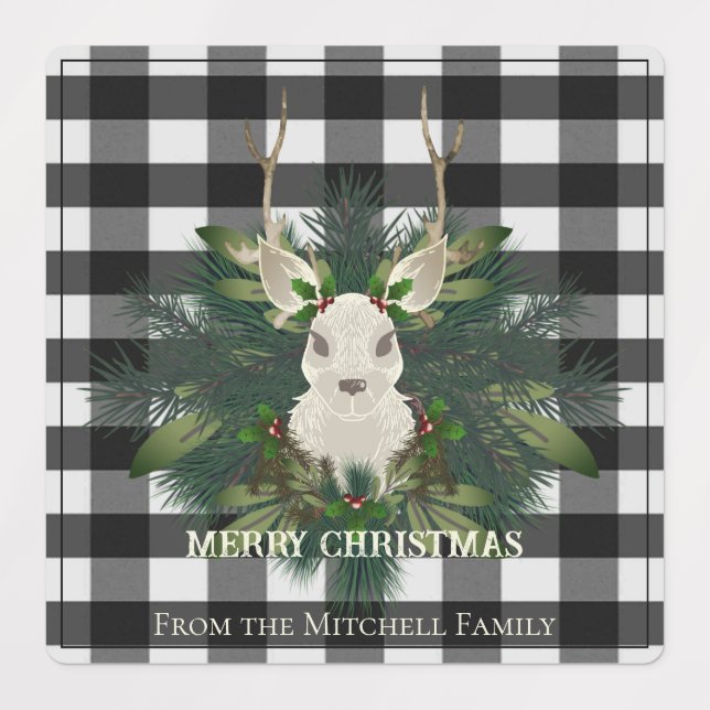 Buffalo Plaid Festive Reindeer Christmas Holiday Labels (Design 1)