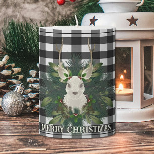 Buffalo Plaid Festive Reindeer Christmas Holiday Pillar Candle