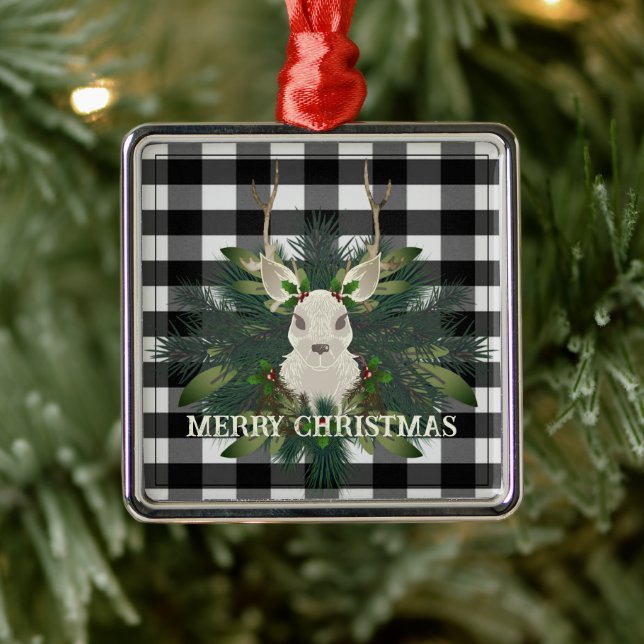 Buffalo Plaid Festive Reindeer Christmas Metal Ornament (Tree)