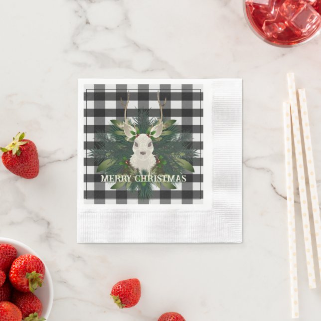 Buffalo Plaid Festive Reindeer Christmas Napkins (Insitu)