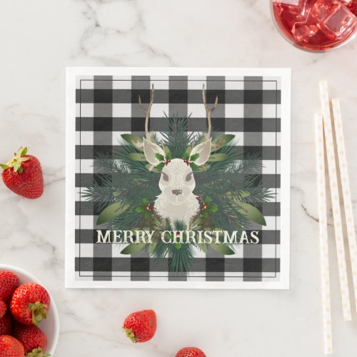 Buffalo Plaid Festive Reindeer Christmas Paper Dinner Napkins