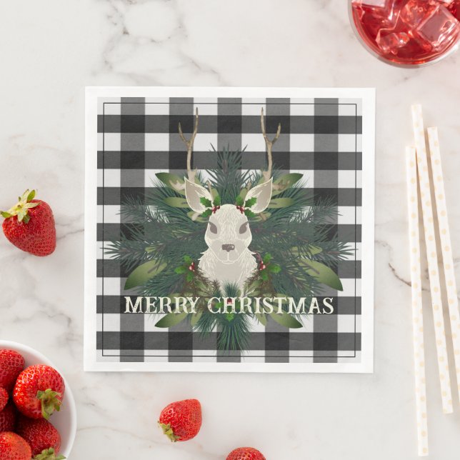 Buffalo Plaid Festive Reindeer Christmas Paper Dinner Napkins (Insitu)