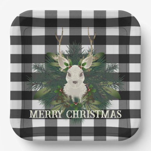 Buffalo Plaid Festive Reindeer Christmas Paper Plates