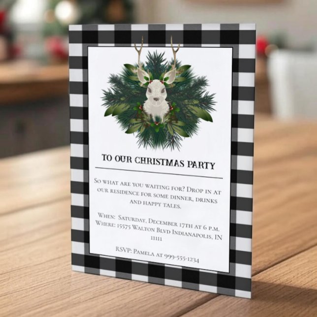 Buffalo Plaid Festive Reindeer Christmas Party Invitation (Buffalo Plaid Festive Reindeer Christmas Party Invitation)