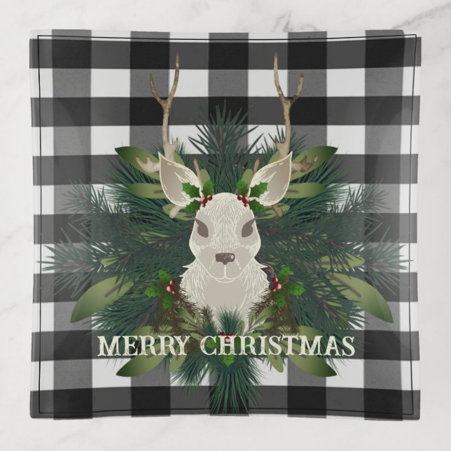 Buffalo Plaid Festive Reindeer Christmas Trinket Tray (Front)