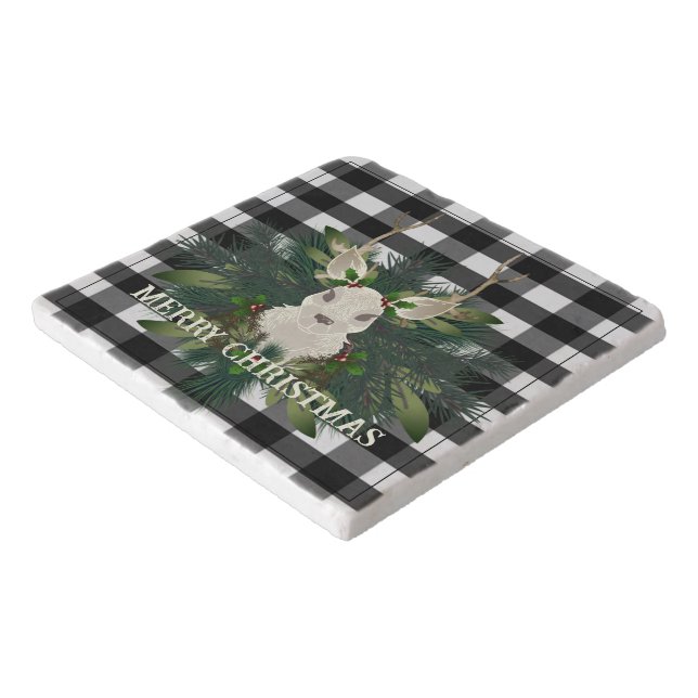 Buffalo Plaid Festive Reindeer Christmas Trivet (Corner)