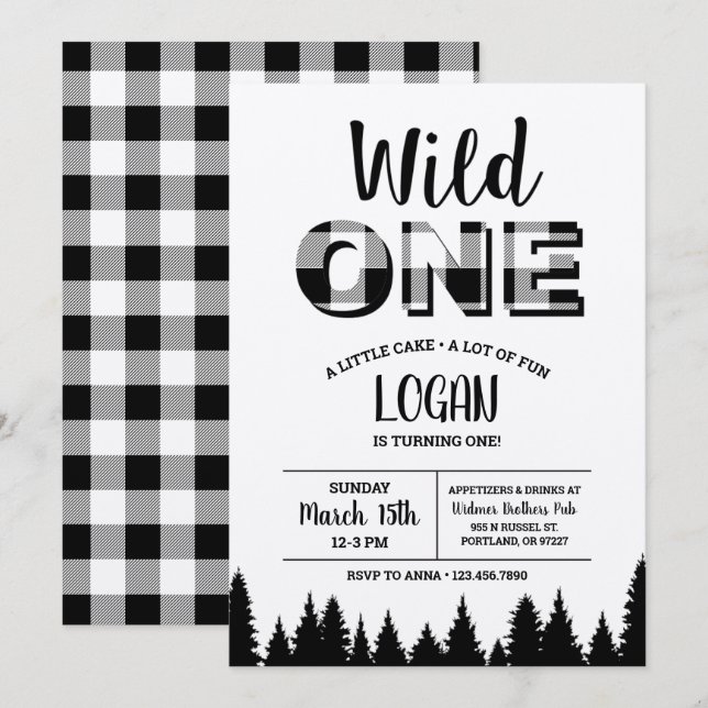 Buffalo Plaid First Birthday Invitation - Wild One (Front/Back)