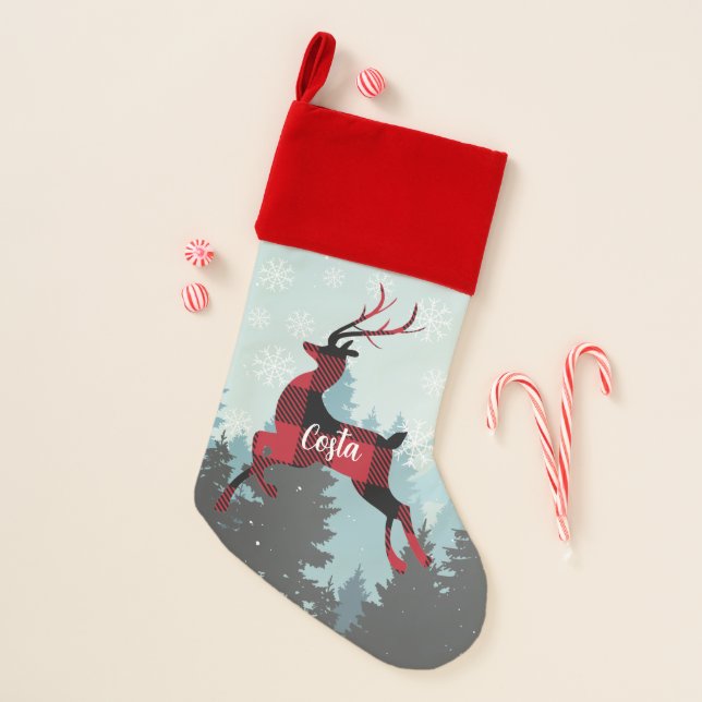 Buffalo Plaid Flying Reindeer Christmas Stocking (Front)
