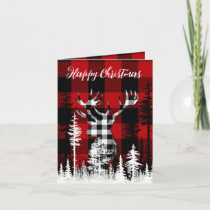 Buffalo Plaid Forest Stag Head Happy Christmas Holiday Card
