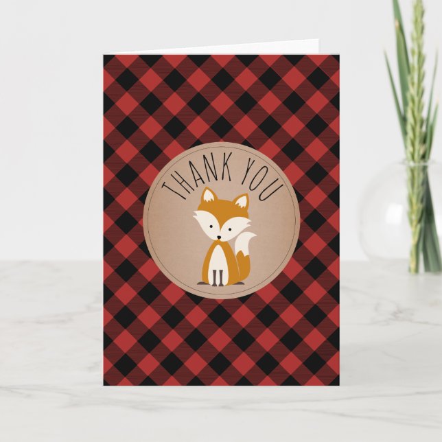 Buffalo Plaid Fox Baby Shower Thank You Card (Front)