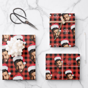 Buffalo Plaid & Funny Face Photo Santa Christmas  Wrapping Paper Sheets