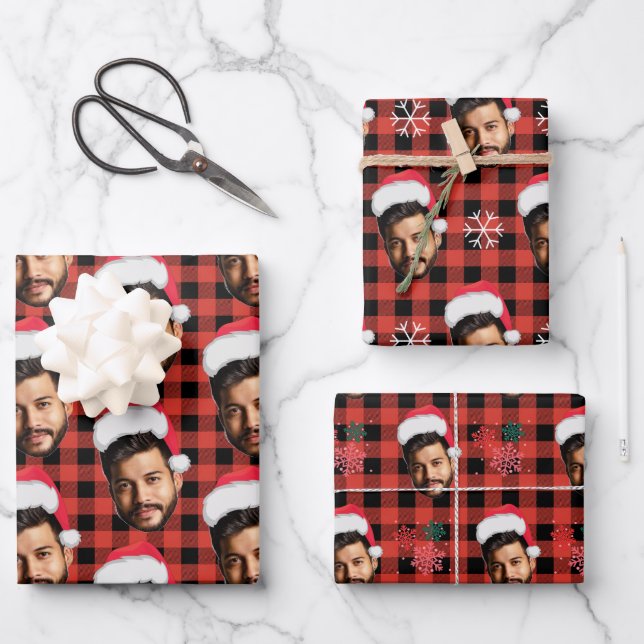 Buffalo Plaid & Funny Face Photo Santa Christmas  Wrapping Paper Sheets (Front)