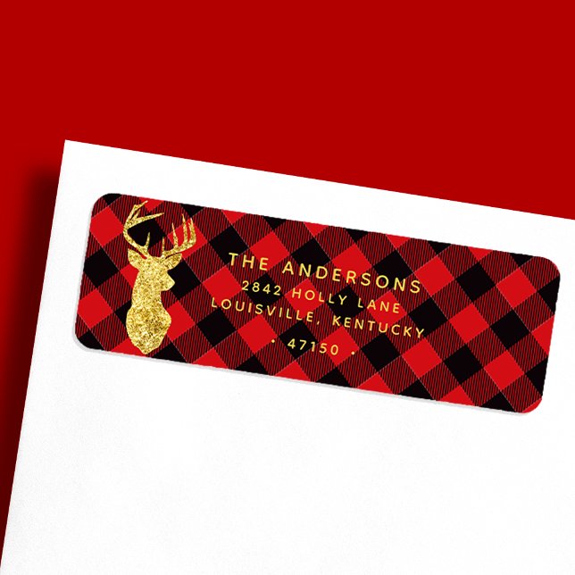 Buffalo Plaid Gold Deer Head Holiday Address Label (Creator Uploaded)