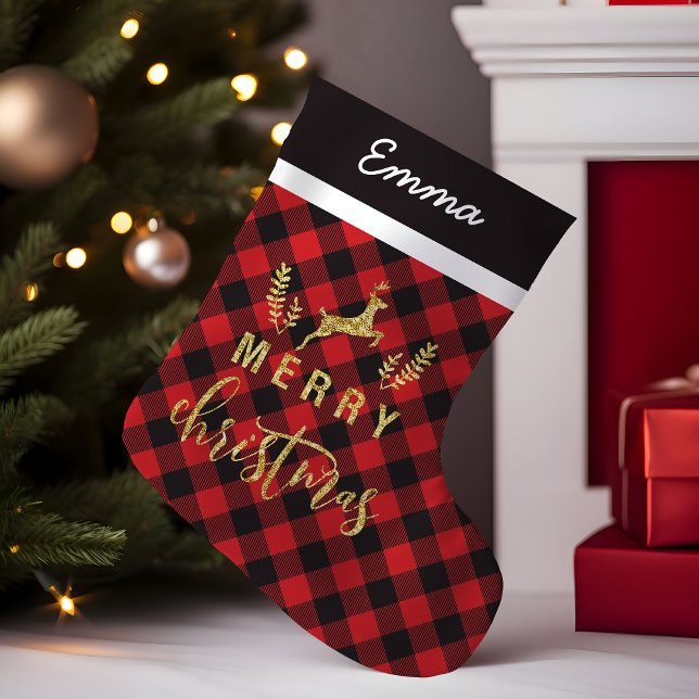Buffalo Plaid Gold Deer Merry Monogram Small Christmas Stocking (Creator Uploaded)