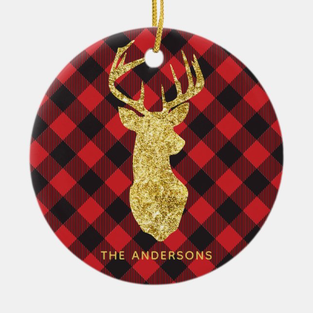 Buffalo Plaid Gold Deer Monogram Christmas Ceramic Ornament (Front)