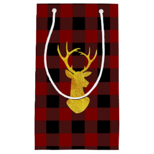 Buffalo Plaid Gold Foil Christmas Deer Small Gift Bag