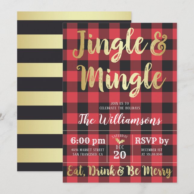 Buffalo Plaid & Gold Jingle & Mingle Holiday Party Invitation (Front/Back)