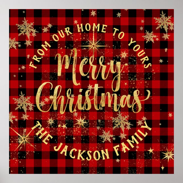 Buffalo Plaid Gold Script Family Merry Christmas Poster (Front)