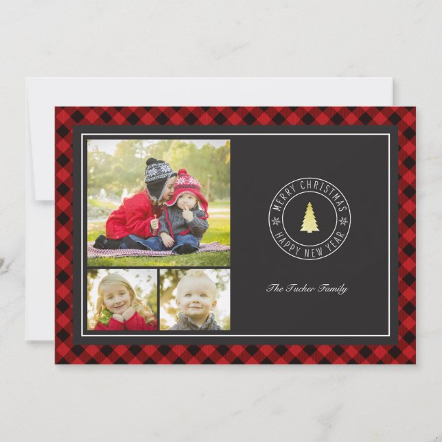 Buffalo Plaid & Gold Tree Christmas 3 Photo Holiday Card (Front)