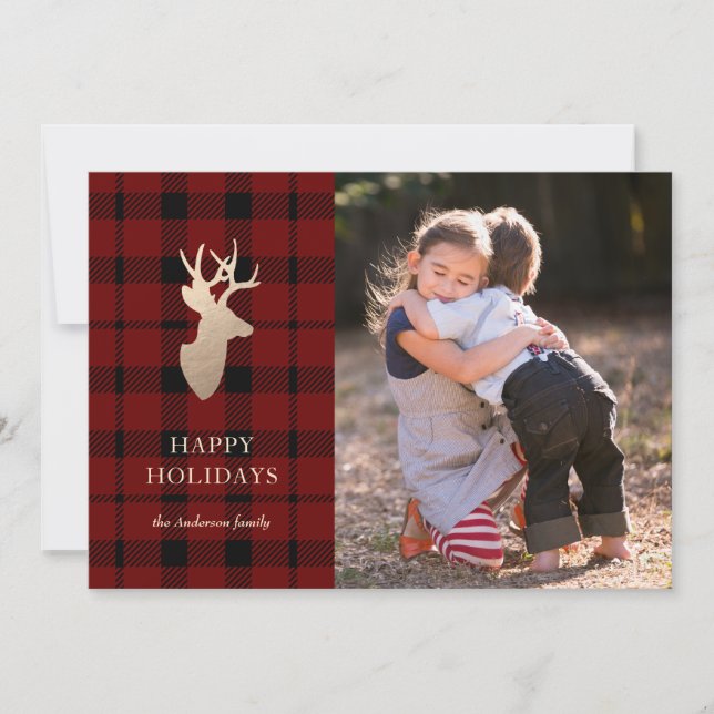 Buffalo Plaid Golden Deer Holiday Photo Card (Front)