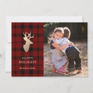 Buffalo Plaid Golden Deer Holiday Photo Card