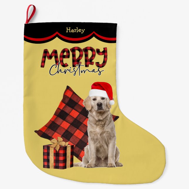 Buffalo Plaid Golden Retriever Dog Large Christmas Stocking (Front)