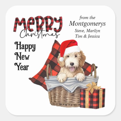 Buffalo Plaid Goldendoodle Puppy Christmas Square Sticker