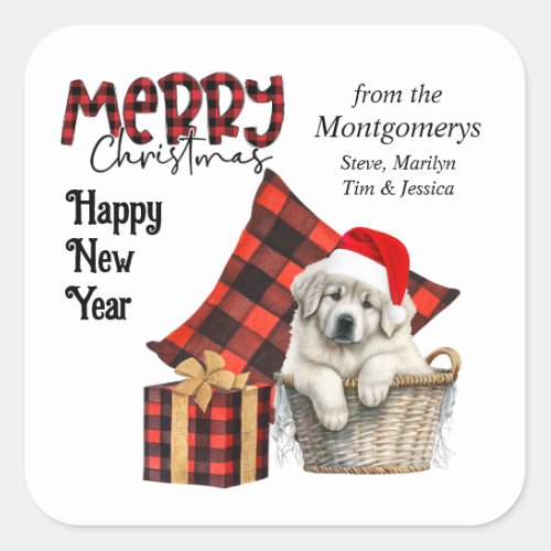 Buffalo Plaid Great Pyrenees Puppy Holiday Square Sticker