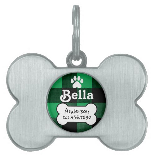 Buffalo Plaid Green and Black Custom Dog Bone Pet ID Tag