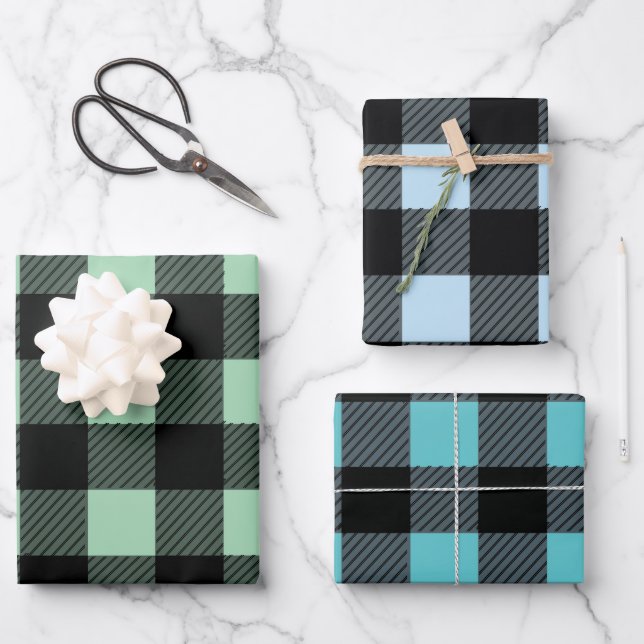 Buffalo Plaid Green And Blue Shades Wrapping Paper Sheets (Front)