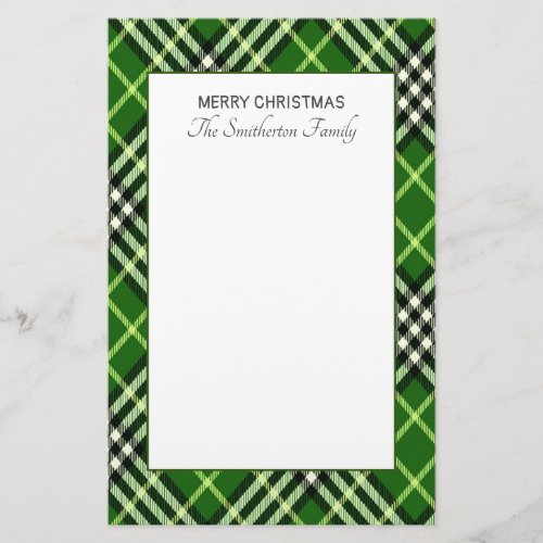 Buffalo Plaid Green Black White Family Christmas Stationery