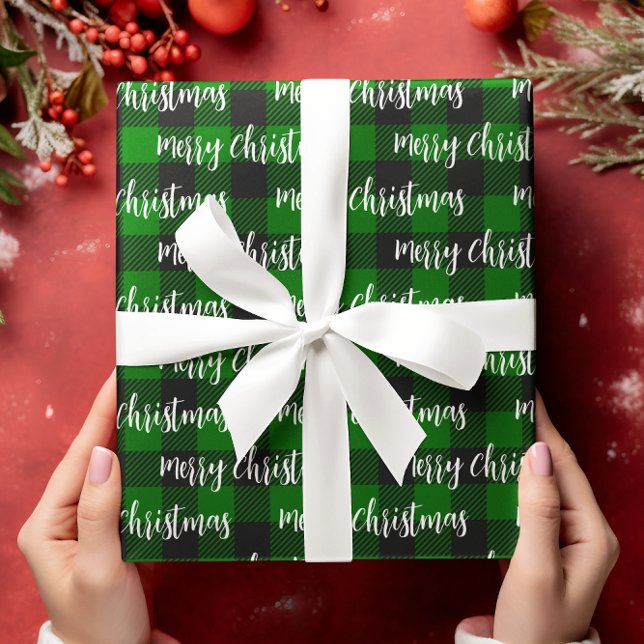 Buffalo Plaid Green Merry Christmas Text Wrapping Paper (Creator Uploaded)