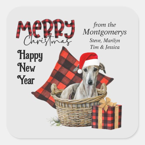 Buffalo Plaid Greyhound Puppy Christmas Square Sticker