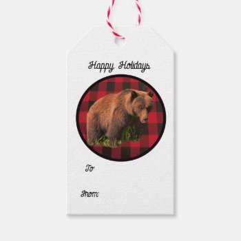 Buffalo Plaid Grizzly Bear Gift Tags by seashell2 at Zazzle