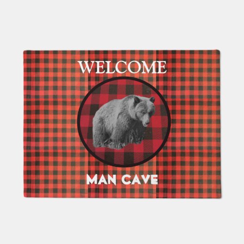 Buffalo Plaid Grizzly Bear Man Cave Doormat