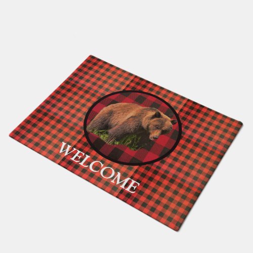 Buffalo Plaid Grizzly Bear Welcome Doormat