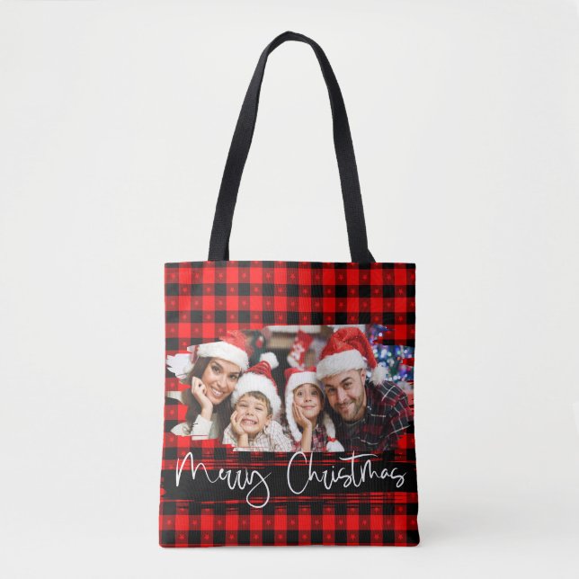 Buffalo Plaid Grunge Personalized Photo Christmas Tote Bag (Front)