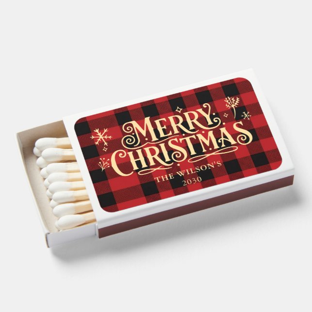 Buffalo Plaid Hand-Drawn Whimsical Christmas  Matchboxes (Front Open)