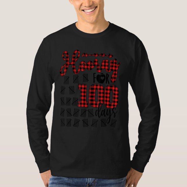 Buffalo Plaid Happy 100th Day of School Hooray for T-Shirt (Front)