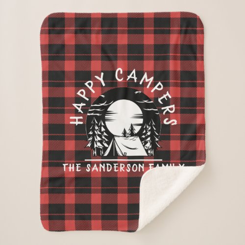 Buffalo Plaid Happy Campers Family Name Camping Sherpa Blanket