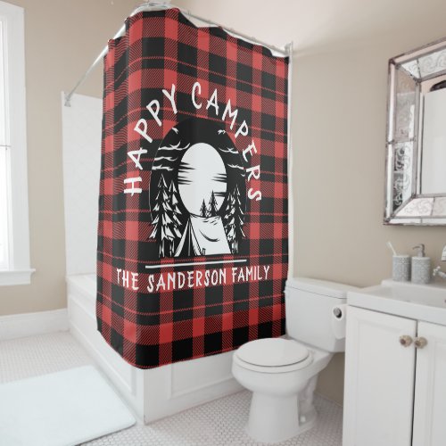 Buffalo Plaid Happy Campers Family Name Camping Shower Curtain