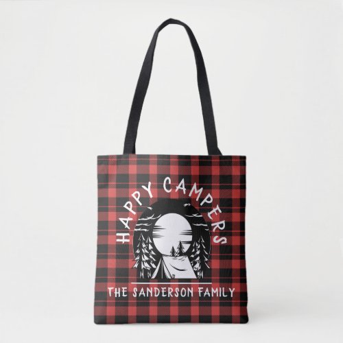 Buffalo Plaid Happy Campers Family Name Camping Tote Bag