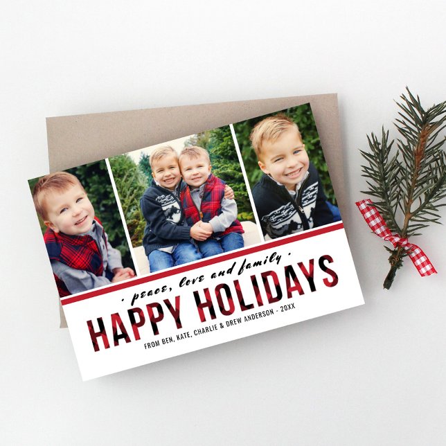 Buffalo Plaid Happy Holidays Photo Collage Holiday Card (Creator Uploaded)