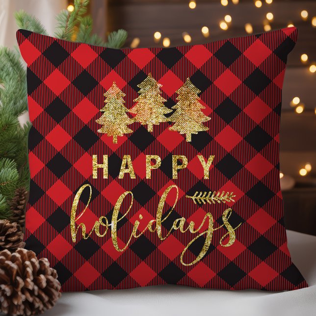 Buffalo Plaid Happy Holidays Throw Pillow (Creator Uploaded)
